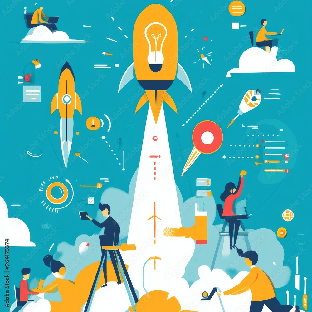 Wall mural Illustration of people working together to launch a rocket with a lightbulb as the head.