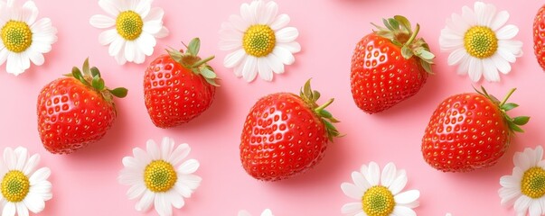 Pink Delight Strawberries and Daisies, Flat Lay Composition, Pink Background, Summer Fruit, Floral Pattern, Freshness, Sweetness