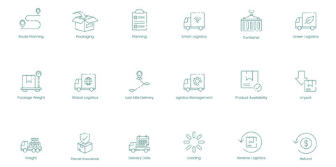 Advanced Road Planning and Global Logistics Vector Icon Set for Sustainable Supply Chain and Freight Management