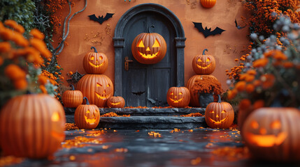 Obraz premium Festive Halloween porch decorated with glowing Jack-o'-lanterns, bats, and autumn flowers, creating a spooky yet inviting atmosphere for seasonal celebration
