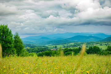 Bieszczady góry las drzewa łąka polana pole dolina niebo chmury wiosna lato pochmurnie burza © Dariusz