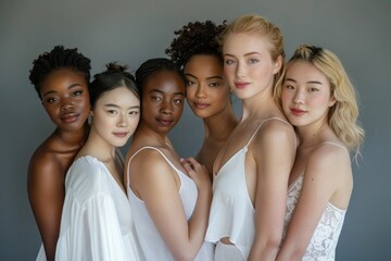 Fototapeta premium Diverse group of women in white outfits standing together against a soft grey background, showcasing beauty and unity among different ethnicities