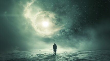 Surreal Night Landscape with Full Moon and Lone Figure in Dreamy Atmosphere