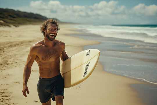 A man is smiling and holding a surfboard on a beach