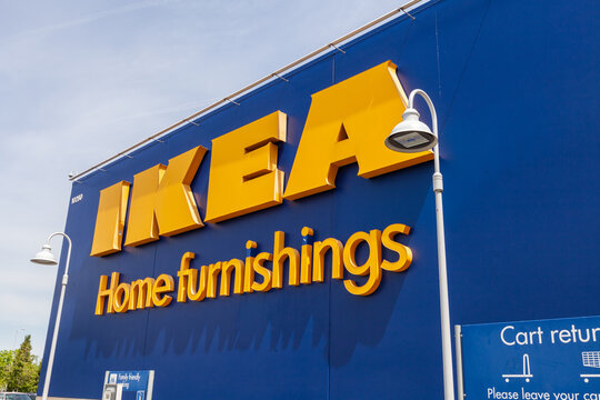 Portland, Oregon, USA-May 12, 2019: Ikea famous Swedish furniture store warehouse with its big yellow logo sign, near PDX airport in Portland. High quality picture for download