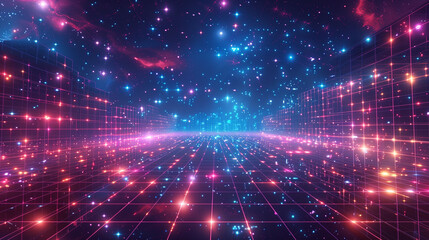 Obraz premium Retro Futurism Pixel Art Background with Glowing Neon Grid and Stars - Vector Illustration for 8-Bit Game Assets