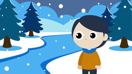 Child near a frozen river on a snowy day