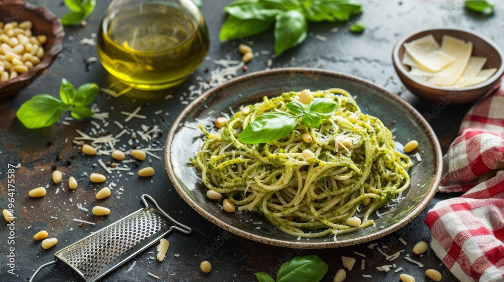 Canvas Prints Delicious plate of pesto spaghetti garnished with fresh basil and pine nuts. This food image is vibrant and inviting, perfect for recipe blogs or culinary projects. AI