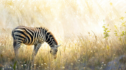 A zebra in the wild, grazing on tall grass.