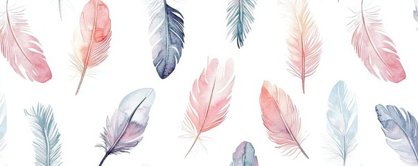 Watercolor Delicate Feathers in Pink, Blue and Grey on White Background, Watercolor, Feathers, Art, Illustration, Pattern