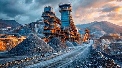 industrial mining operation with with large conveyor belt system used to transport materials