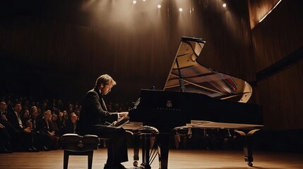 A pianist playing a grand piano on stage, with a captivated audience watching in silence
