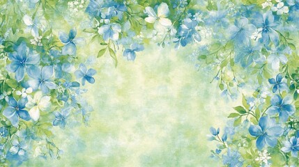Watercolor Floral Border with Blue and White Blossoms, Green Leaves, and a Light Green Background, floral border, watercolor, spring