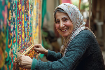 A woman is smiling while working on a colorful piece of fabric