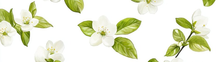 Watercolor Illustration of Delicate White Flowers with Green Leaves, Floral, Botanical, Spring ,flower ,plant