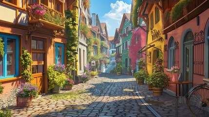 Naklejka premium Picturesque European street view with colorful buildings, plants, and cobblestone road under bright blue sky on a sunny day