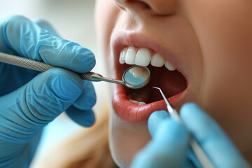 Dental checkup with doctor's hands in blue gloves holding tools in patient's mouth, close-up of teeth examination, representing care, clinic visits, and oral health