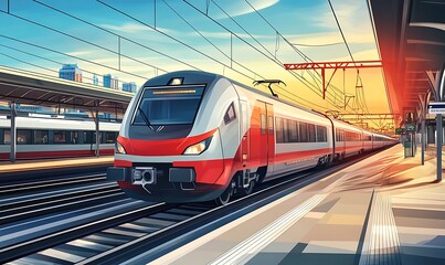 Fototapeta premium As the sun sets in the background, a train pulls into the station 