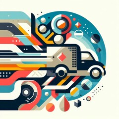 An abstract illustration of a truck surrounded by dynamic geometric shapes and vibrant colors, symbolizing motion and speed. Perfect for themes related to logistics, transportation, and modern art