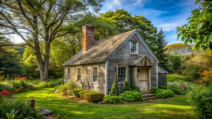 Fototapeta premium Small, weathered Cape Cod house with worn clapboard siding, crooked chimney, and minimalistic garden surrounded by towering mature oak trees.