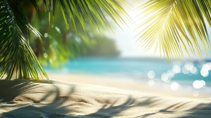 Tropical summer sand beach and bokeh sunlight