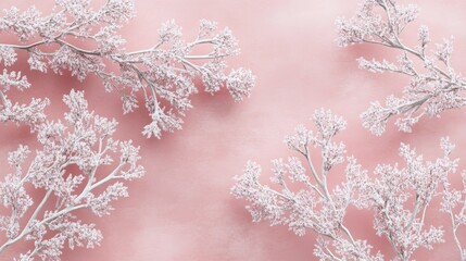 Fototapeta premium Winter Wonderland Snow-Covered Branches on a Pink Background, winter, snowy, branches