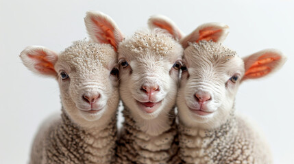 Three adorable lambs with open mouths, standing close together, expressing joy and surprise, showcasing innocence and playful energy in nature