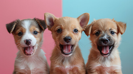 Three cute hedgehogs with open mouths on a bright red background, close-up of surprised and curious animals for advertising nature, wildlife, and pet care