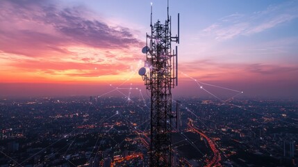 5G antenna system on a communication tower featuring network links and high-speed connections