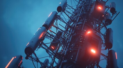 5G antenna system on a communication tower featuring network links and high-speed connections