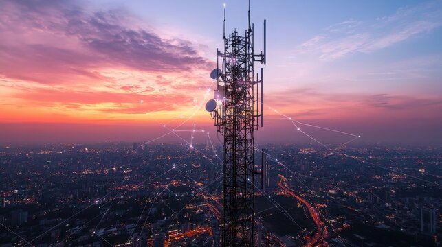 5G antenna system on a communication tower featuring network links and high-speed connections
