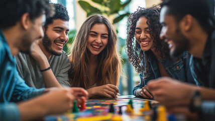 A group of people are playing a board game together, with one woman smiling