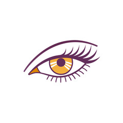 a stylized illustration of an eye. The eye is drawn with bold lines and features a purple outline. The iris is a golden yellow color with a pattern of concentric circles and lines radiating from 