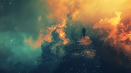 Obraz premium Stunning Conceptual Illustration of Man Walking into Surreal Sky â€“ Inspirational and Artistic Vision Quest