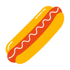 a simple illustration of a hot dog. It shows a sausage in a bun, with a wavy line of mustard or another condiment on top. The bun is depicted in yellow, the sausage in red, and the condiment in white
