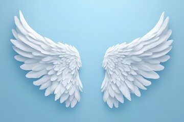 Fototapeta premium White angel wings with jagged edges on a light blue background, gothic inspiration