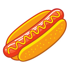 a cartoon-style illustration of a hot dog. It features a sausage placed inside a bun. The sausage has a squiggly line of yellow mustard on top.