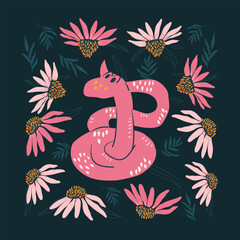 Snake and coneflowers dark poster. Flowers and reptile animal background card. Vector hand drawn flat illustration