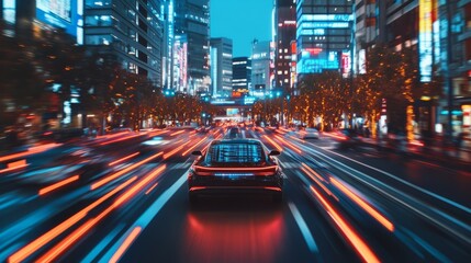 Naklejka premium Futuristic Urban Landscape with modern cars in traffic at night neon cyber city dynamic sci-fi movie scene