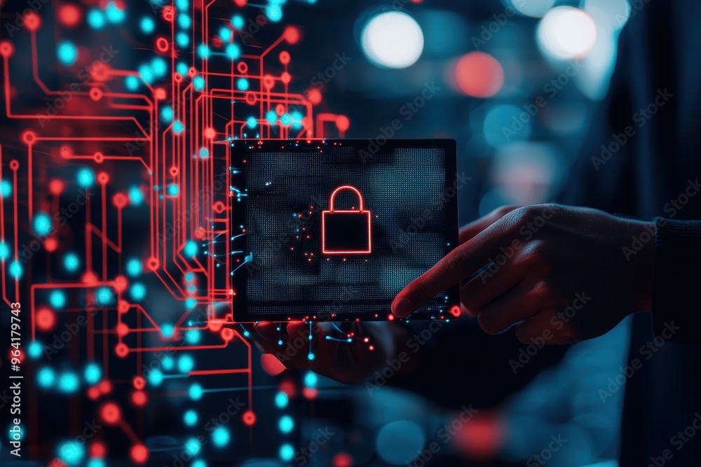 Poster cybersecurity concept with digital padlock icon on tablet, representing data protection and secure t