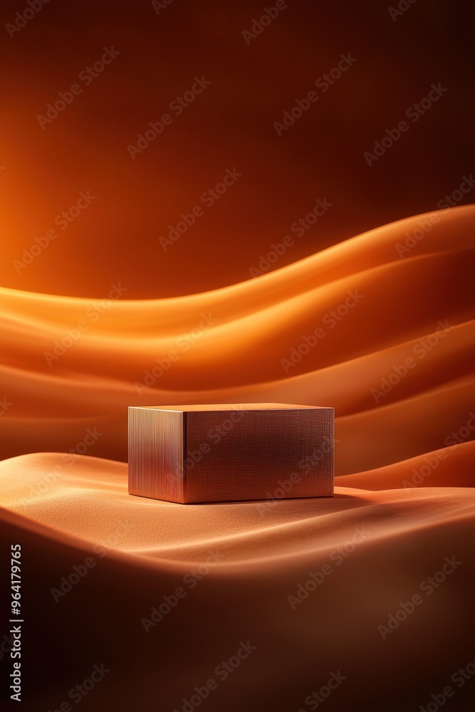 Aufkleber elegant abstract scene with a single cube on wavy, golden-orange background, creating a futuristic a
