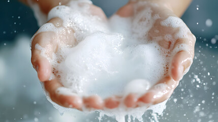 Fototapeta premium Gentle white foam forming in the hands, symbolizing the sensitivity and care