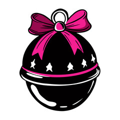  a stylized illustration of a Christmas ornament. It is a round, black bauble with a shiny appearance, featuring a pink bow on top. The ornament has a pink band around its middle