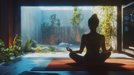 a woman in a yoga pose in front of a window zen mode meditating woman