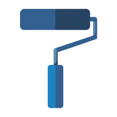 an illustration of a paint roller. The roller part at the top is depicted in two shades of blue, with the left side being a lighter blue and the right side a darker blue.