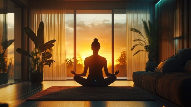 a woman in a yoga pose in front of a window zen mode meditating woman