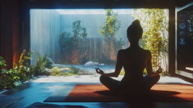 a woman in a yoga pose in front of a window zen mode meditating woman