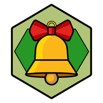 recommend clip art: a graphic of a yellow bell with a red bow on top. The bell and bow are outlined in black. This graphic is set against a green hexagonal background, which is outlined in black as well.