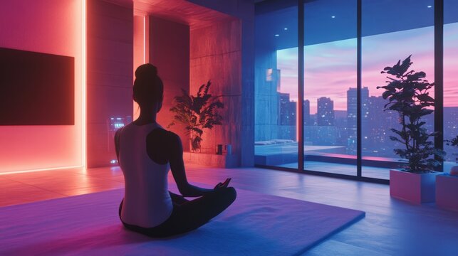 a woman in a yoga pose in front of a window zen mode meditating woman
