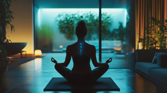 a woman in a yoga pose in front of a window zen mode meditating woman - Powered by Adobe